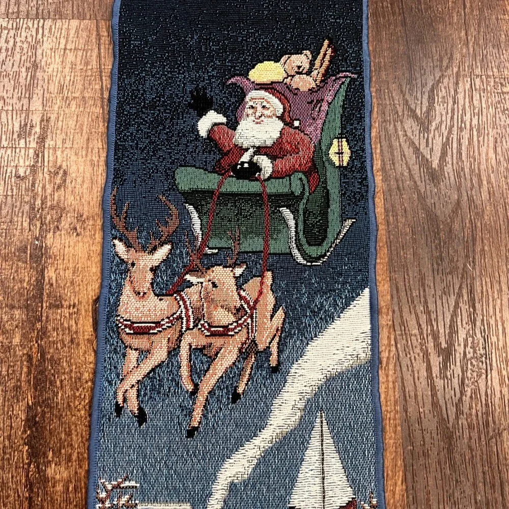 Vintage Christmas Santa Sleigh Woven Tapestry Wall Hanging Bell Pull Tassel Blue